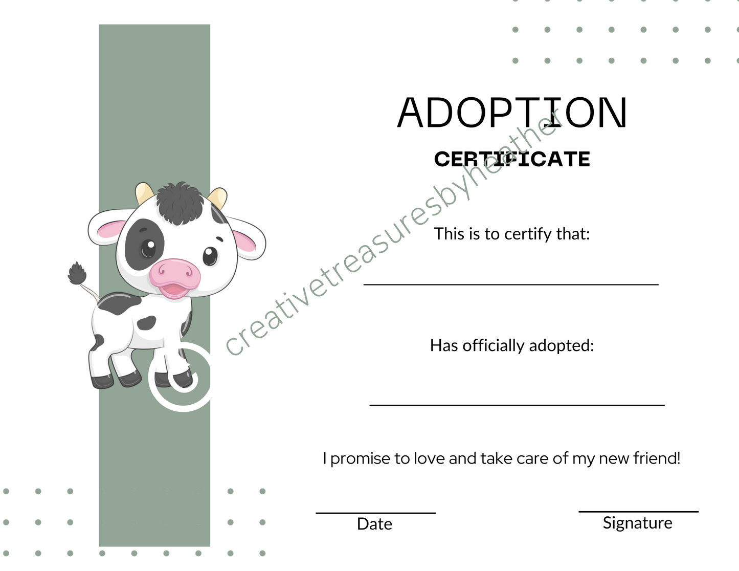 Cow Plushie Adoption Certificate Printable (digital)
