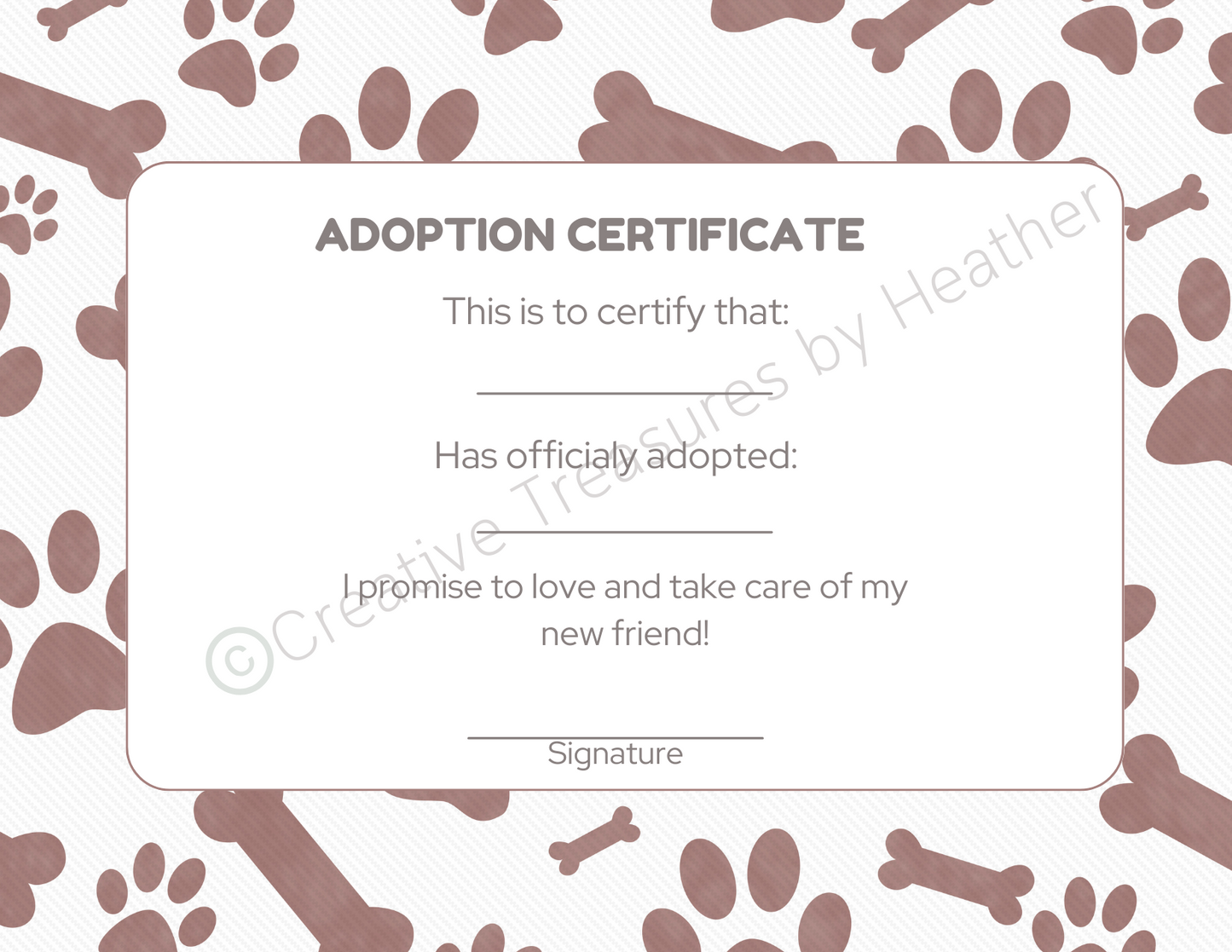 Dog Plushie Adoption Certificate Printable (digital)