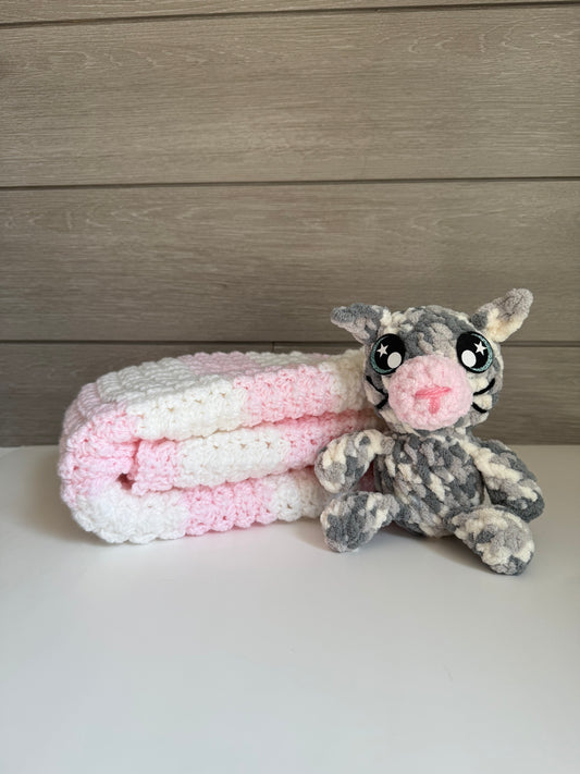 Sweet Dreams Gift Set - Pink Blanket with Gray and White Kitten