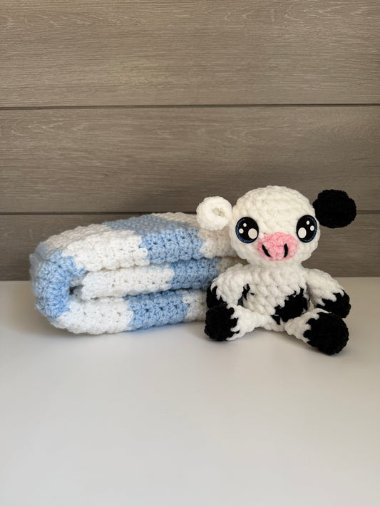 Sweet Dreams Gift Set - Blue Blanket with Black and White Cow