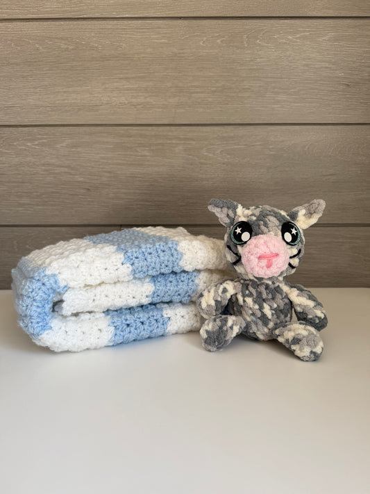 Sweet Dreams Gift Set - Blue Blanket with Gray and White Kitten
